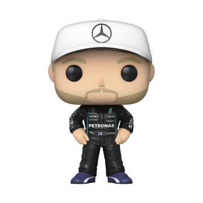 Figura Funko Pop com fato de corrida preto e boné branco com símbolo da Mercedes.