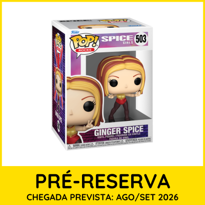 Funko Pop Ginger Spice Spice Girls 503 em caixa com fundo branco e roxo.