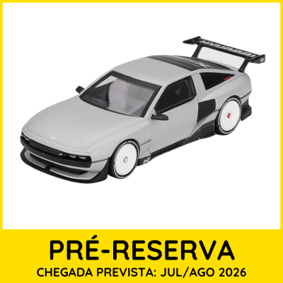 Miniatura de carro desportivo cinza com asa traseira e texto de pré-reserva amarelo