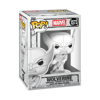 Embalagem Funko Pop! Marvel Wolverine número 1573 com figura branca e cinza visível