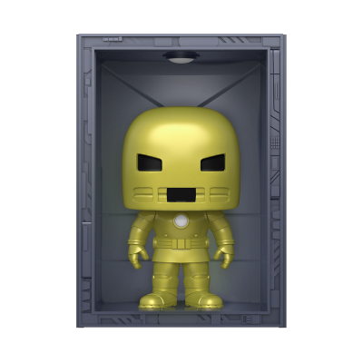 Figura colecionável dourada de personagem robô numa caixa cinza