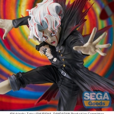 Figura de ação com cabelos brancos e roupas pretas em fundo colorido espiral