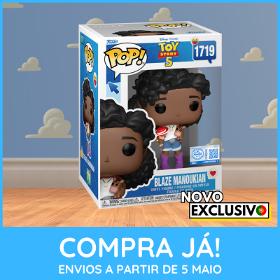 Figurina Funko Pop! Blaze Manoukian Toy Story 5 em caixa azul com nuvens no fundo