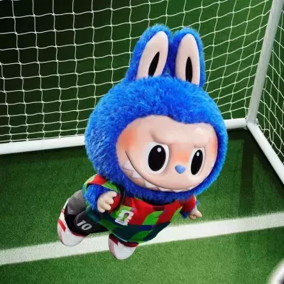 Figura colecionável azul com roupa de futebol em campo junto a baliza