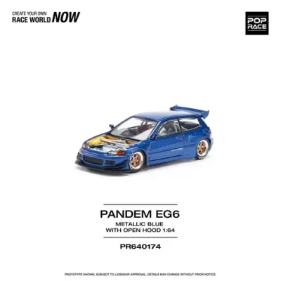 Miniatura de carro azul metálico PANDEM EG6 com capot aberto e rodas douradas