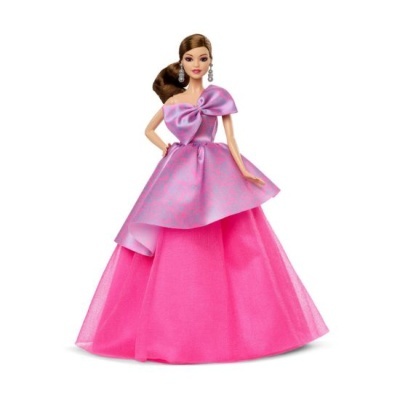 Boneca com vestido de gala rosa e laço lilás