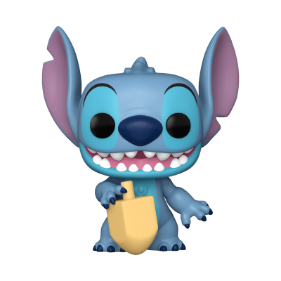 Boneco Funko Pop do Stitch azul com orelhas grandes e objeto amarelo na mão