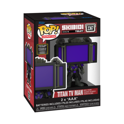 Caixa Funko Pop! Titan TV Man com figura e texto de luzes e sons