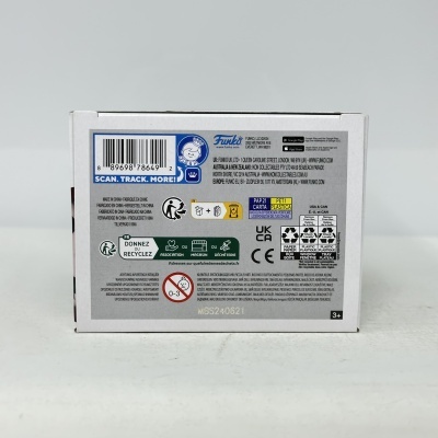 Parte traseira de caixa branca com etiquetas e texto Funko