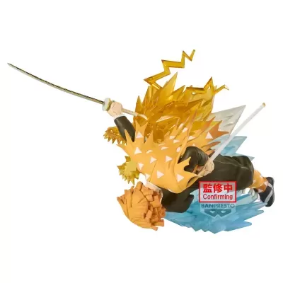 Figurine de personagem com kimono amarelo, segurando katana, com efeitos de relâmpago e base azul