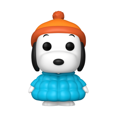 Figura colecionável de Snoopy com casaco azul e gorro laranja