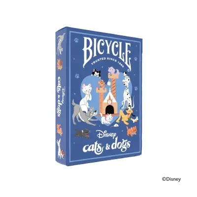 Caixa azul de jogo de cartas Bicycle Disney cats & dogs com gatos e cães ilustrados.