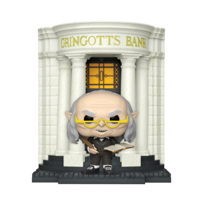 Figura Funko Pop de personagem antiga com livro e pena em frente a banco Gringotts