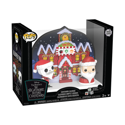Conjunto POP! Jack Skellington e Santa Claus com calendário do advento no tema 'The Nightmare Before Christmas'.