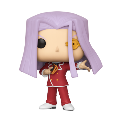 Figura Funko Pop de personagem com cabelo lilás e fato vermelho