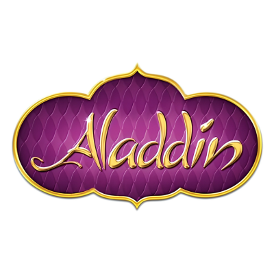 Logótipo roxo e dourado com texto Aladdin.