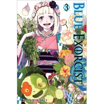 Capa do mangá Blue Exorcist com personagem feminina vestida em kimono e flores coloridas