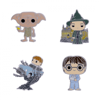 Pins esmaltados de personagens Harry Potter com várias cores e detalhes de árvore e castelo