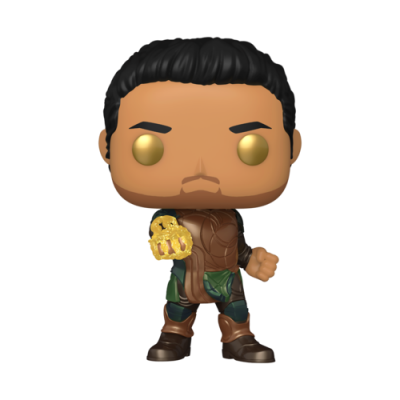 Figura Funko Pop de personagem masculino com roupa marrom e verde segurando objeto dourado