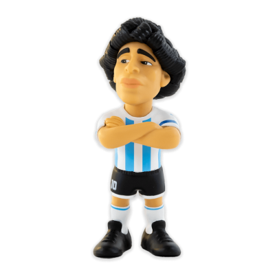 Figura colecionável de jogador de futebol com camisa azul e branca e calções pretos