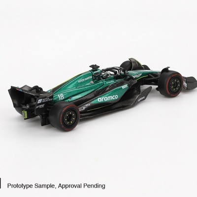 Miniatura de carro de Fórmula 1 verde e preto com textos de patrocínio e logo MINI GT