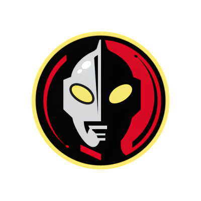 Emblema redondo com rosto estilizado cinzento e preto/vermelho com olhos amarelos