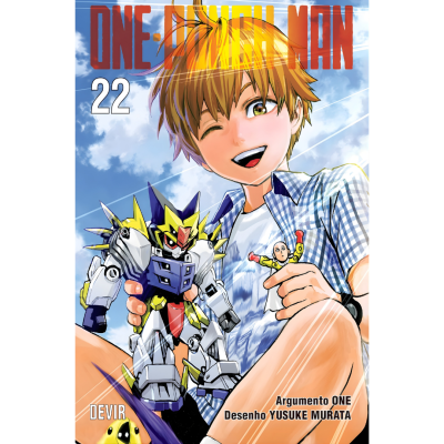 Capa do manga ONE-PUNCH MAN 22 com jovem loiro segurando figuras de ação