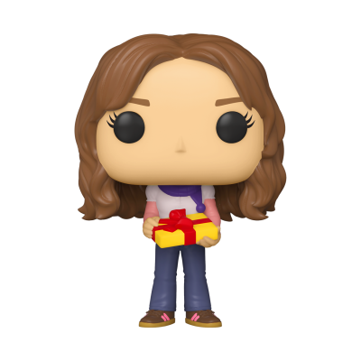 Boneco Funko Pop com cabelo castanho e roupa colorida segurando caixa de presente