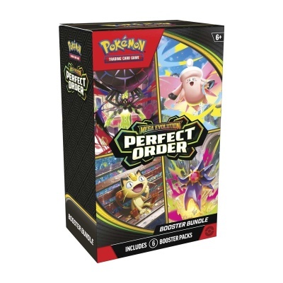 Caixa Pokémon Mega Evolution Perfect Order Booster Bundle com personagens e texto.