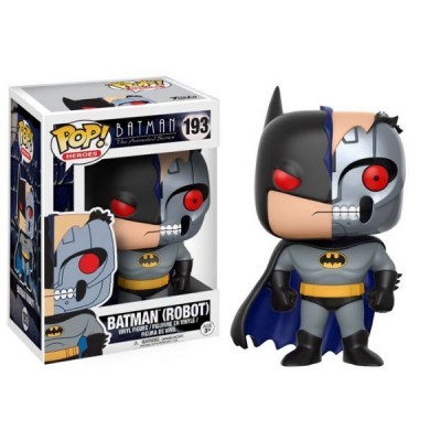 Figura Funko Pop de Batman robótico cinzento e azul com caixa