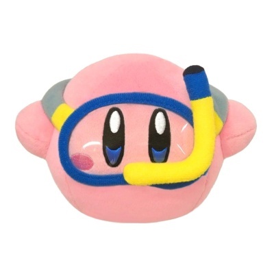 Pelúcia rosa da personagem Kirby com máscara de mergulho