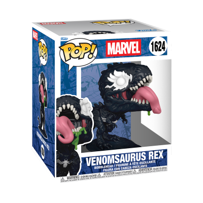 Figura Funko Pop Venomsaurus Rex Marvel numa caixa azul e branca