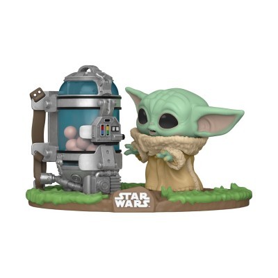 Figura Funko Pop do Baby Yoda Star Wars com tanque metálico azul e base castanha com verde