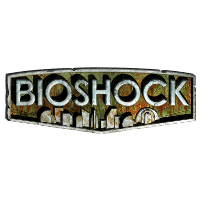 Logotipo metálico do videojogo BIOSHOCK com fundo verde e laranja e silhueta de cidade