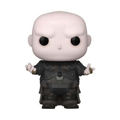 Figura Funko Pop personagem careca com armadura preta e capa