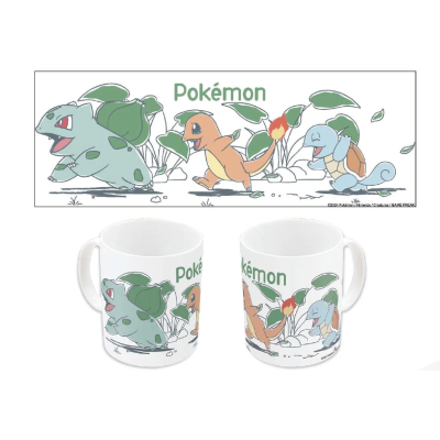 Caneca branca de cerâmica decorada com personagens Pokémon Bulbasaur, Charmander e Squirtle