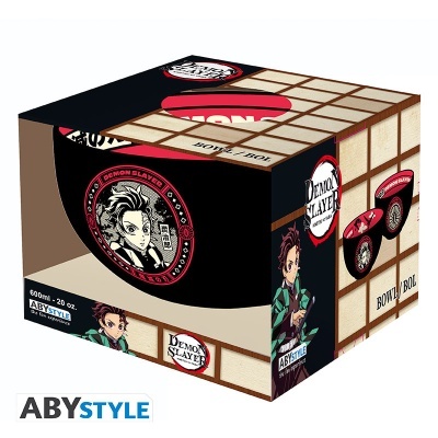 Tigela de cerâmica preta com motivos Demon Slayer em embalagem azul e preta