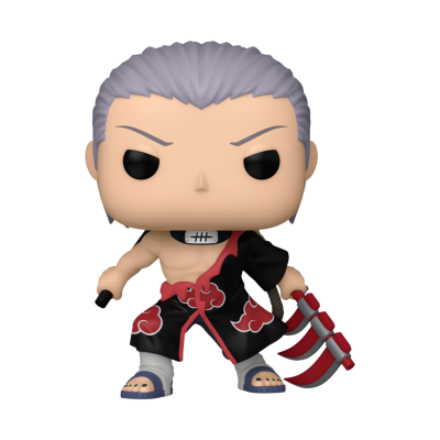 Funko Pop personagem masculino de cabelo cinza e roupa preta com vermelho segurando arma de três garras