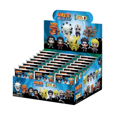 Expositor com miniaturas Naruto Shippuden de personagens em cartão colorido.