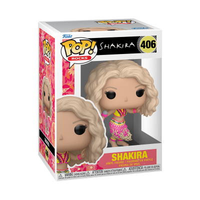 Figura Funko Pop! de Shakira com vestido colorido dentro da caixa com fundo rosa