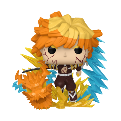 Figura Funko Pop com cabelo laranja e efeitos de dragão e raios em azul e amarelo
