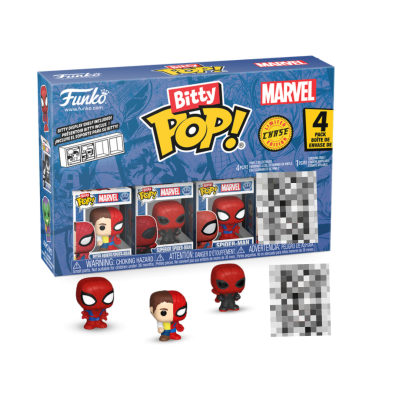 Caixa azul com 4 figuras pequenas Funko Bitty Pop Marvel e selo CHASE amarelo