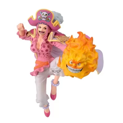 Figura de personagem feminina com cabeça flamejante sorridente em amarelo-laranja.