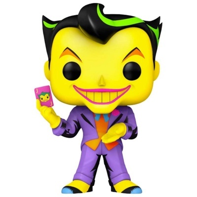 Figura colecionável Funko Pop do Joker em fato roxo com carta cor-de-rosa