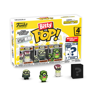 Pack de 4 figuras Funko Bitty Pop! dos Minions em caixas individuais com personagem misteriosa