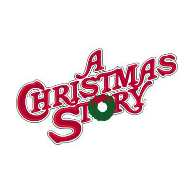 Logótipo vermelho e verde com texto A CHRISTMAS STORY e coroa de Natal