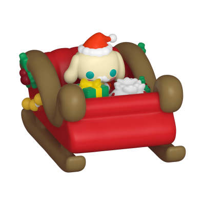 Brinquedo de cão em trenó vermelho com chapéu de Pai Natal segurando presentes.