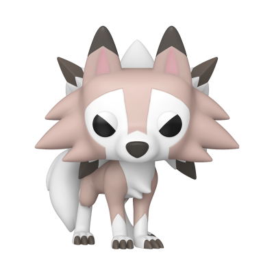 Boneco colecionável de lobo castanho claro e branco com olhos grandes pretos