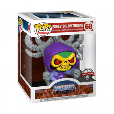 Figura Funko Pop SKELETOR on Throne número 68 com capa roxa e trono cinzento