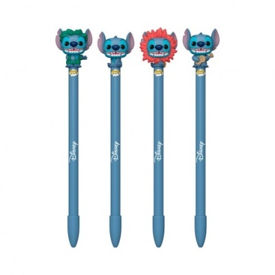 Quatro canetas azuis com personagens Disney Stitch no topo com diferentes adereços